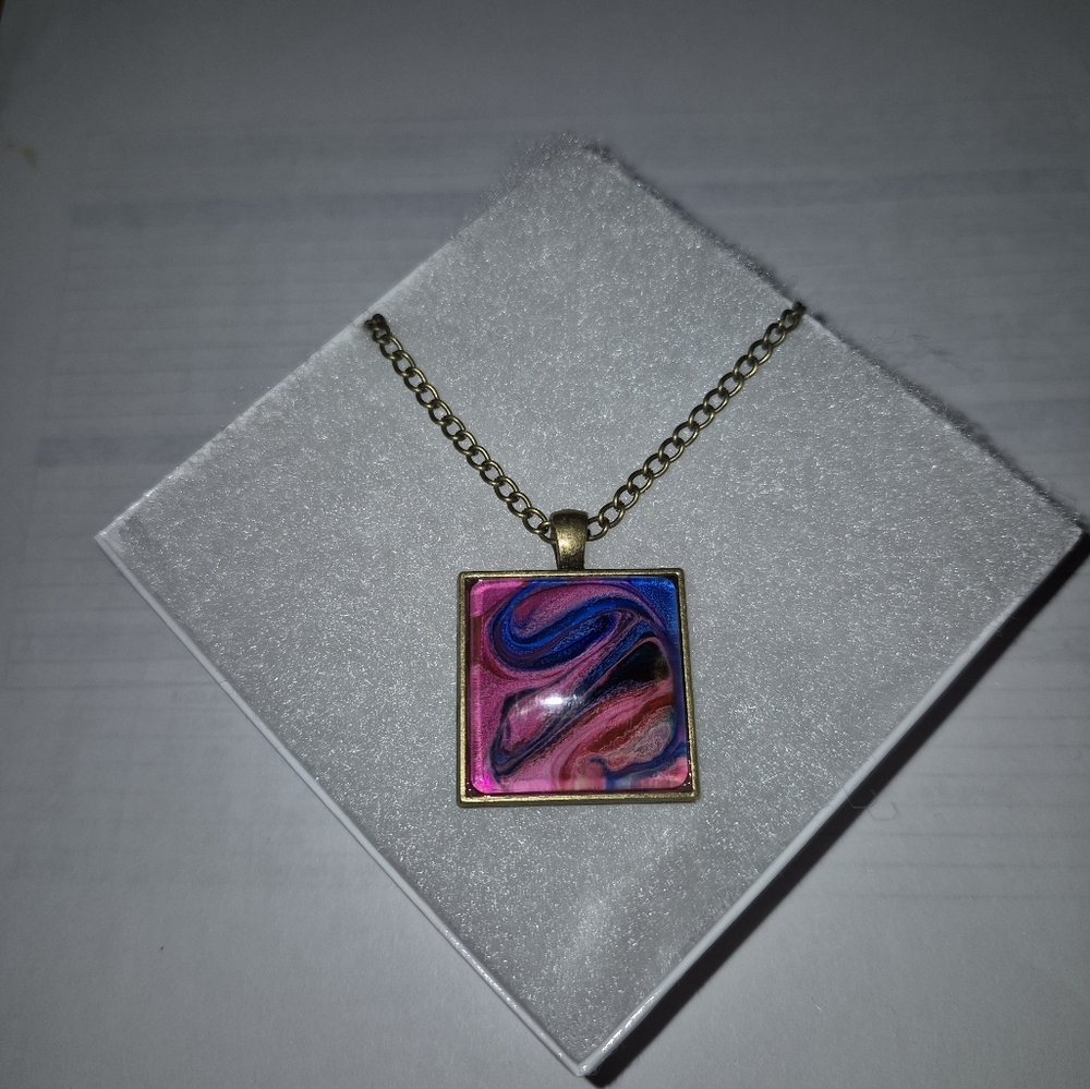 Artistic Pink and Blue Square Pendant Necklace